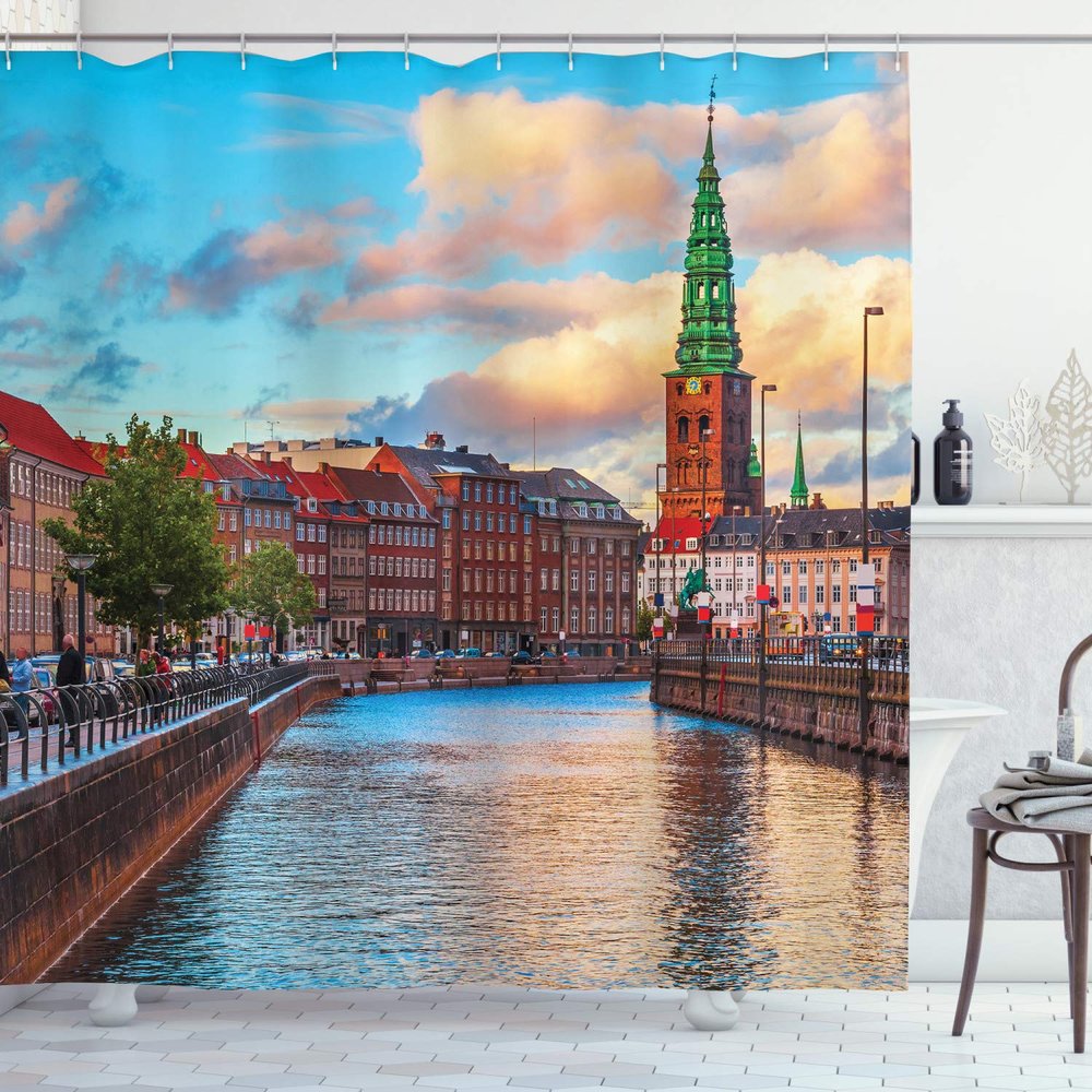 Ambesonne European Shower Curtain, Scenic Summer View at Sunset Copenhagen Denmark Old Scandinavian View City Europe, Cloth Fabric Bathroom Decor Set with Hooks, 69" W x 84" L, Blue Redwood Green