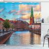 Ambesonne European Shower Curtain, Scenic Summer View at Sunset Copenhagen Denmark Old Scandinavian View City Europe, Cloth Fabric Bathroom Decor Set with Hooks, 69" W x 84" L, Blue Redwood Green view 1