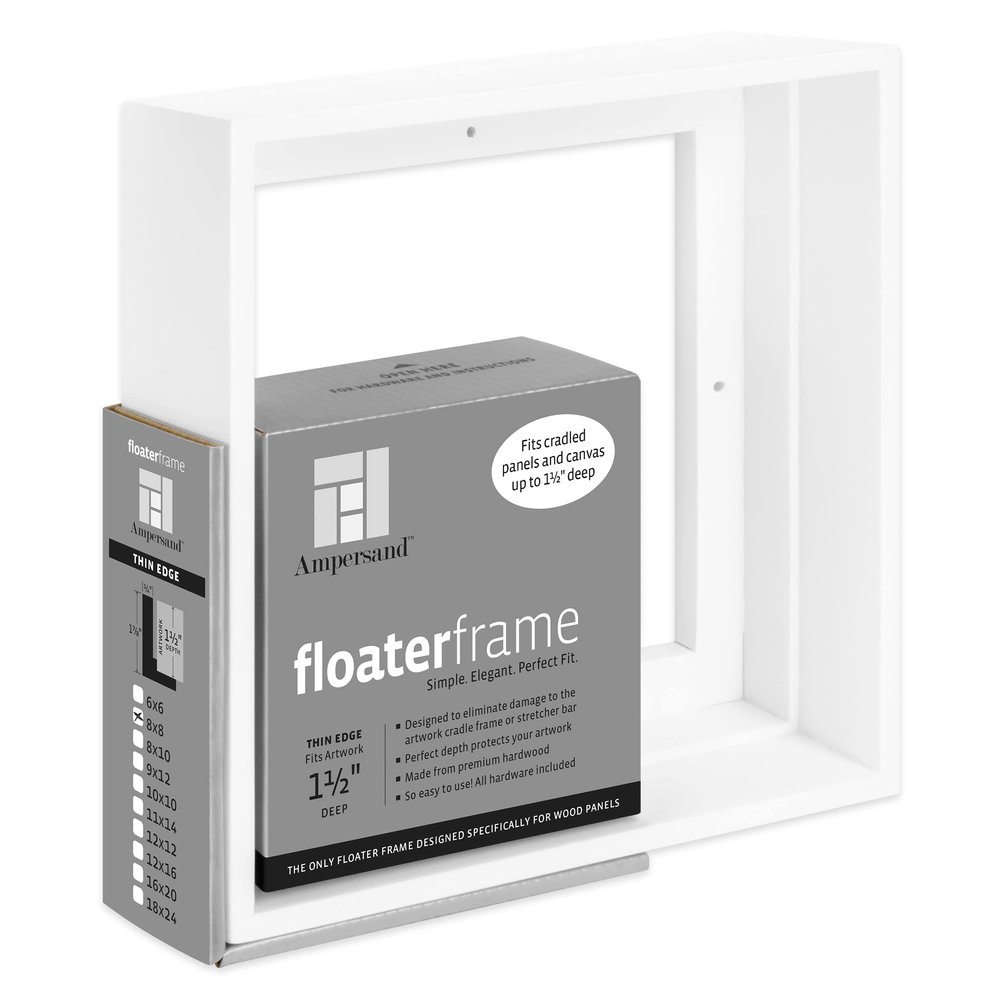 Ampersand Art Supply Floaterframe | 8x8 | 1 1/2" Depth | Thin Style | Hardwood Floating Frame in White Finish for Canvas, Wood Panels & Artwork