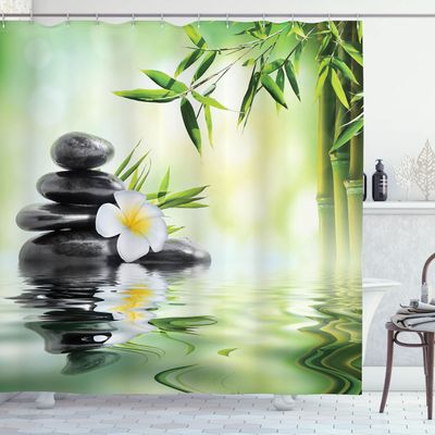 Ambesonne Spa Themed Shower Curtain, Garden Frangipani Flowers Japanese Themed Travel Concept Print, Cloth Fabric Bathroom Decor Set with Hooks, 69" W x 84" L, Charcoal Grey and Pale Green