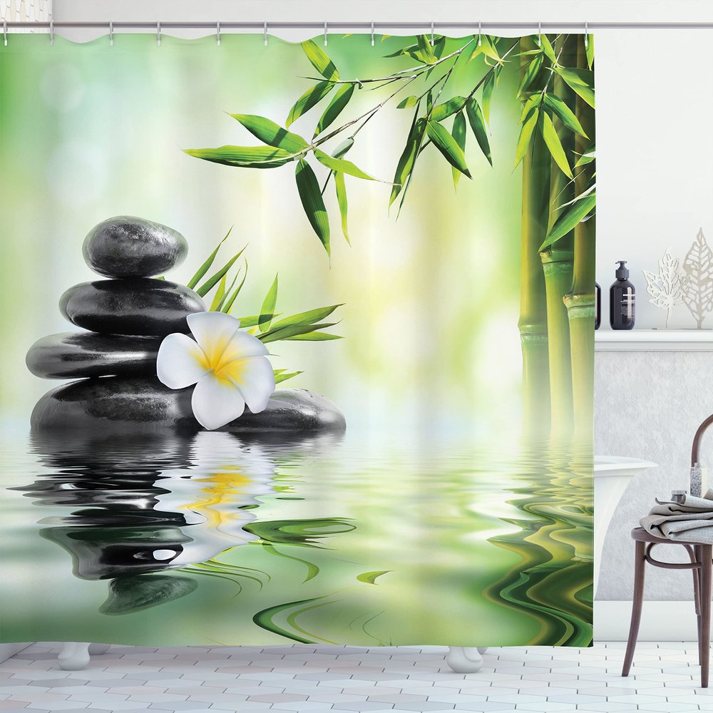 Ambesonne Spa Themed Shower Curtain, Garden Frangipani Flowers Japanese Themed Travel Concept Print, Cloth Fabric Bathroom Decor Set with Hooks, 69" W x 84" L, Charcoal Grey and Pale Green