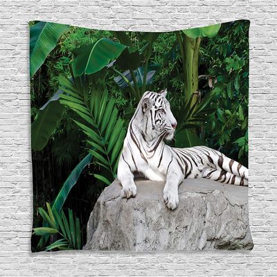Ambesonne Savannah Tapestry, White Tiger Setting on Stone Tropic Plants Leaves Wild Jungle Majestic, Wall Hanging for Bedroom Living Room Dorm Decor, 60" X 80", Beige Green Pale Grey