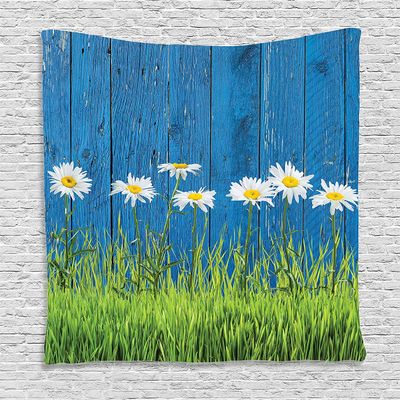 Ambesonne Flower Tapestry, Fresh Springtime Grass and Daisy on Fence Summer Simple Vintage Style Print, Wall Hanging for Bedroom Living Room Dorm Decor, 60" X 80", Blue and Green
