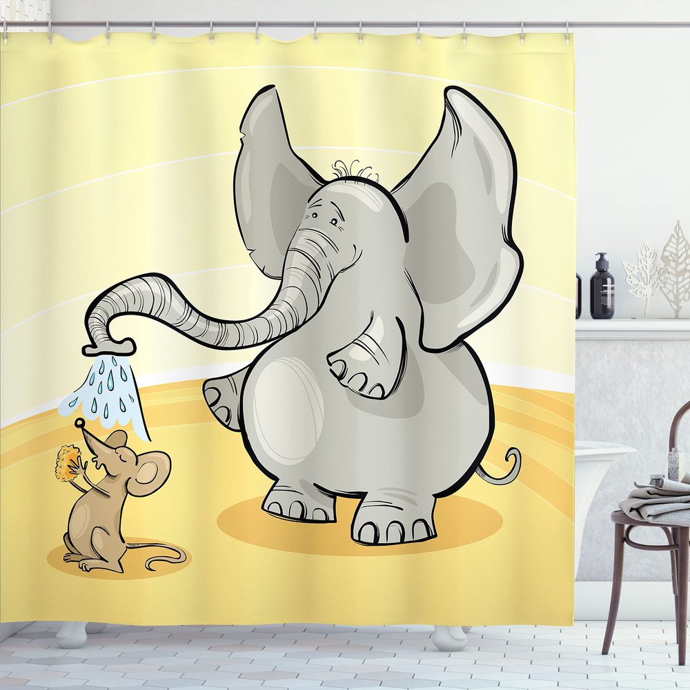 Ambesonne Animal Shower Curtain, Funny Bathing Mouse Trunk in The Desert Cartoon Animal Print, Cloth Fabric Bathroom Decor Set with Hooks, 69" W x 84" L, Grey Yellow Cream