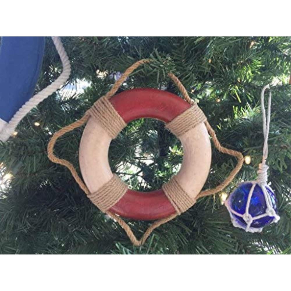 Hampton Nautical 3xglass-101 Antique Red and White Lifering Ornament 6" Tree Decoration-Christmas