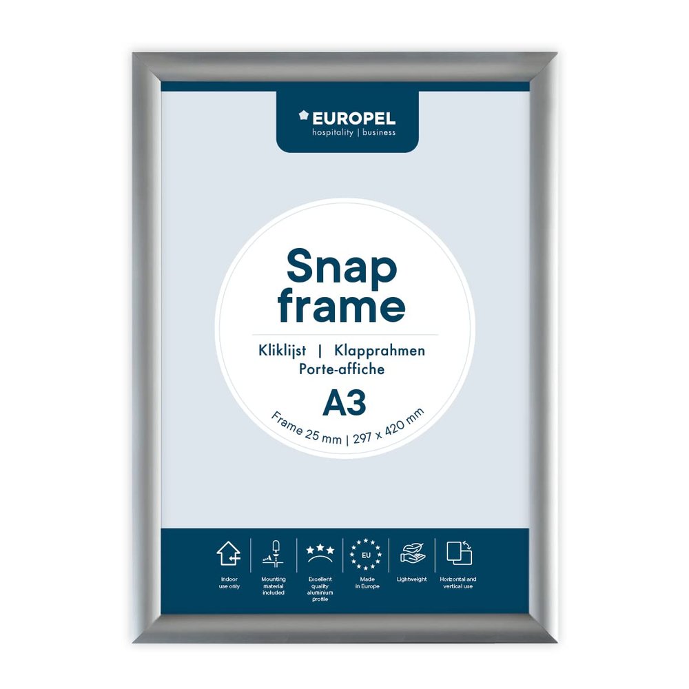 Europel Snap Frame A3, 25 mm | Aluminium Anodised Construction & Anti-Glare Cover | Clip Poster Holders for Retail & Advertising Displays | Notice Sign Board Frame for Walls