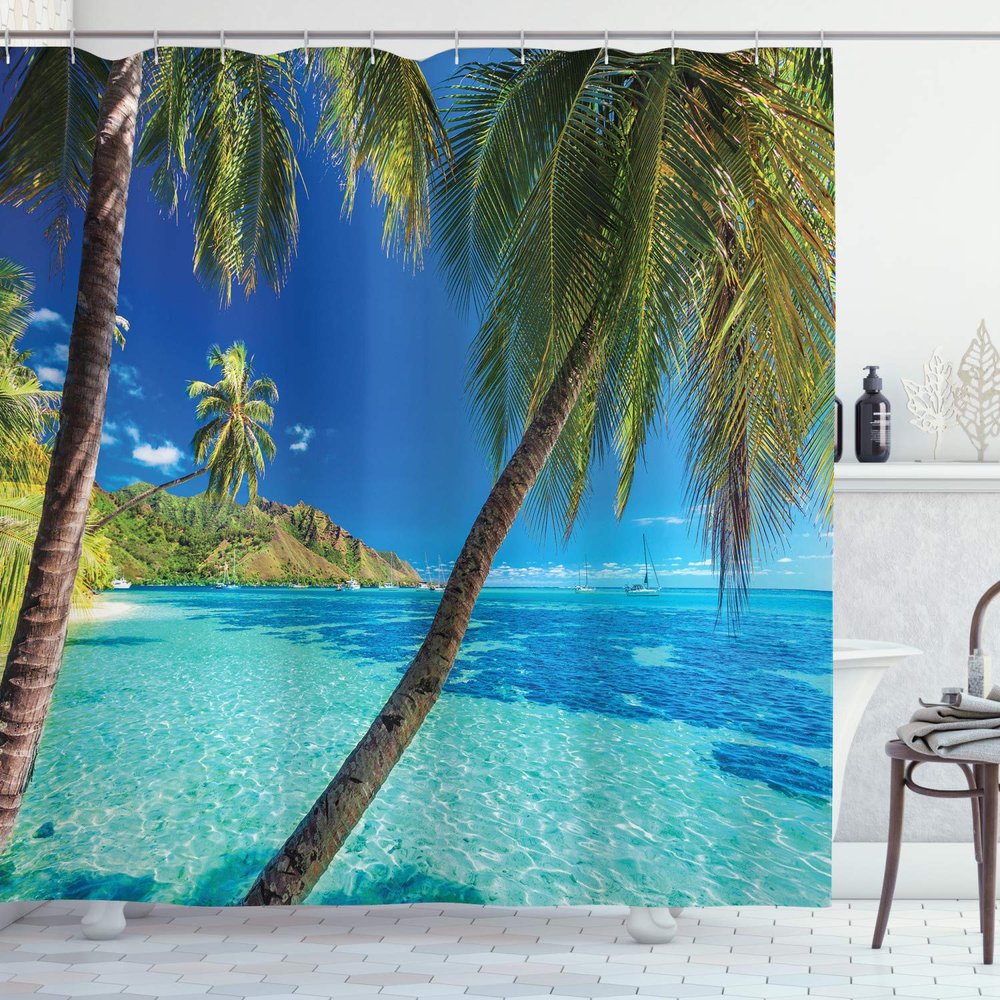 Ambesonne Ocean Shower Curtain, Image of a Tropical Island Beach Theme The Palm Trees and Clear Sea Print, Cloth Fabric Bathroom Decor Set with Hooks, 69" W x 75" L, Turquoise Blue