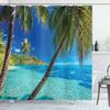 Ambesonne Ocean Shower Curtain, Image of a Tropical Island Beach Theme The Palm Trees and Clear Sea Print, Cloth Fabric Bathroom Decor Set with Hooks, 69" W x 75" L, Turquoise Blue view 1