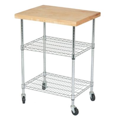 Omega 3 Tier Kitchen Island Cart with 26" Deep x 34" Wide Maple Butcher Block Top