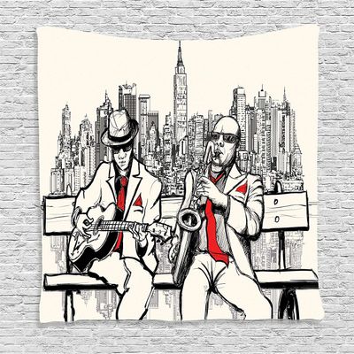 Ambesonne Music Tapestry, Jazz Men Band Playing Beats in New York at Night Retro Style Illustration Print, Wall Hanging for Bedroom Living Room Dorm Decor, 60" X 80", Red Black Ecru
