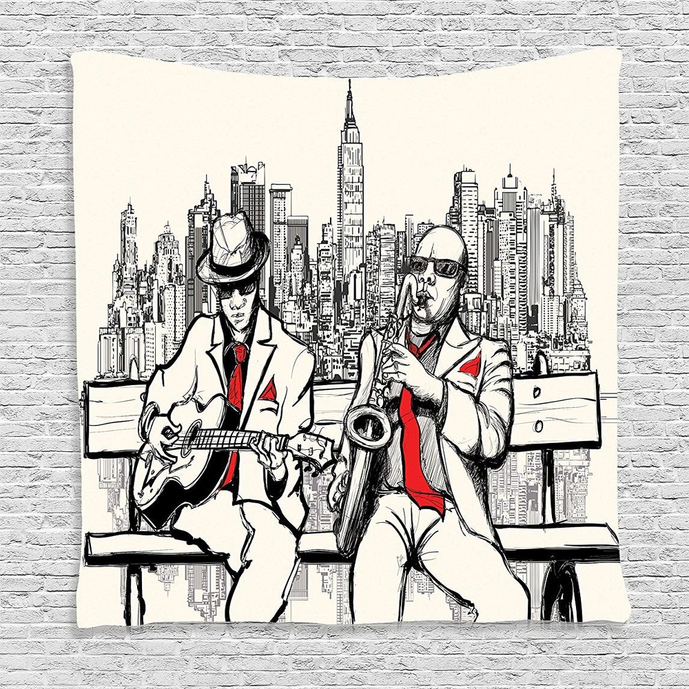 Ambesonne Music Tapestry, Jazz Men Band Playing Beats in New York at Night Retro Style Illustration Print, Wall Hanging for Bedroom Living Room Dorm Decor, 60" X 80", Red Black Ecru