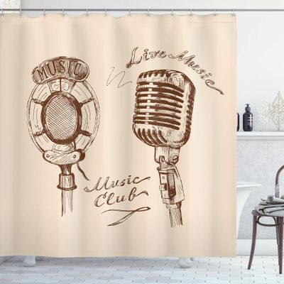 Ambesonne Music Shower Curtain, Old Fashioned Doodles with Waves and Vintage Microphone Print Retro Style Boho Print, Cloth Fabric Bathroom Decor Set with Hooks, 69" W x 75" L, Brown Ecru