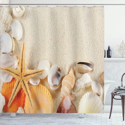 Ambesonne Seashells Shower Curtain, Group of Seashells Starfish on The Sand Romantic Travel Destination Nature, Cloth Fabric Bathroom Decor Set with Hooks, 69" W x 70" L, Beige Ivory Cream