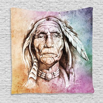 Ambesonne Colorful Tapestry, Portrait of Chief Feather Band Watercolor Style Image, Wall Hanging for Bedroom Living Room Dorm Decor, 60" X 80", Light Orange