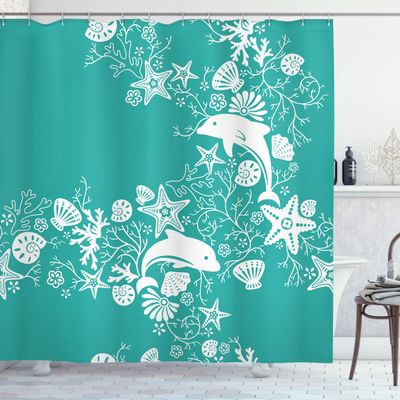 Ambesonne Sea Animals Shower Curtain, Dolphins Flowers Sea Floral Pattern Starfish Coral Seashell Composition, Cloth Fabric Bathroom Decor Set with Hooks, 69" W x 70" L, Sea Green White