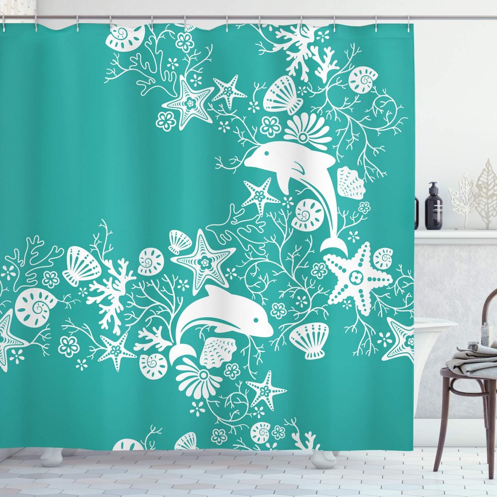 Ambesonne Sea Animals Shower Curtain, Dolphins Flowers Sea Floral Pattern Starfish Coral Seashell Composition, Cloth Fabric Bathroom Decor Set with Hooks, 69" W x 70" L, Sea Green White