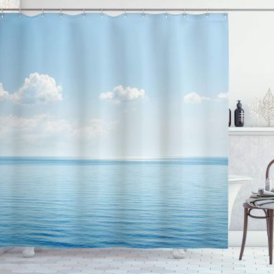 Ambesonne Ocean Shower Curtain, Aquatic Seascape Sky Landscape Tropical Lands Relaxation Spot in The Coast, Cloth Fabric Bathroom Decor Set with Hooks, 69" W x 70" L, Blue White