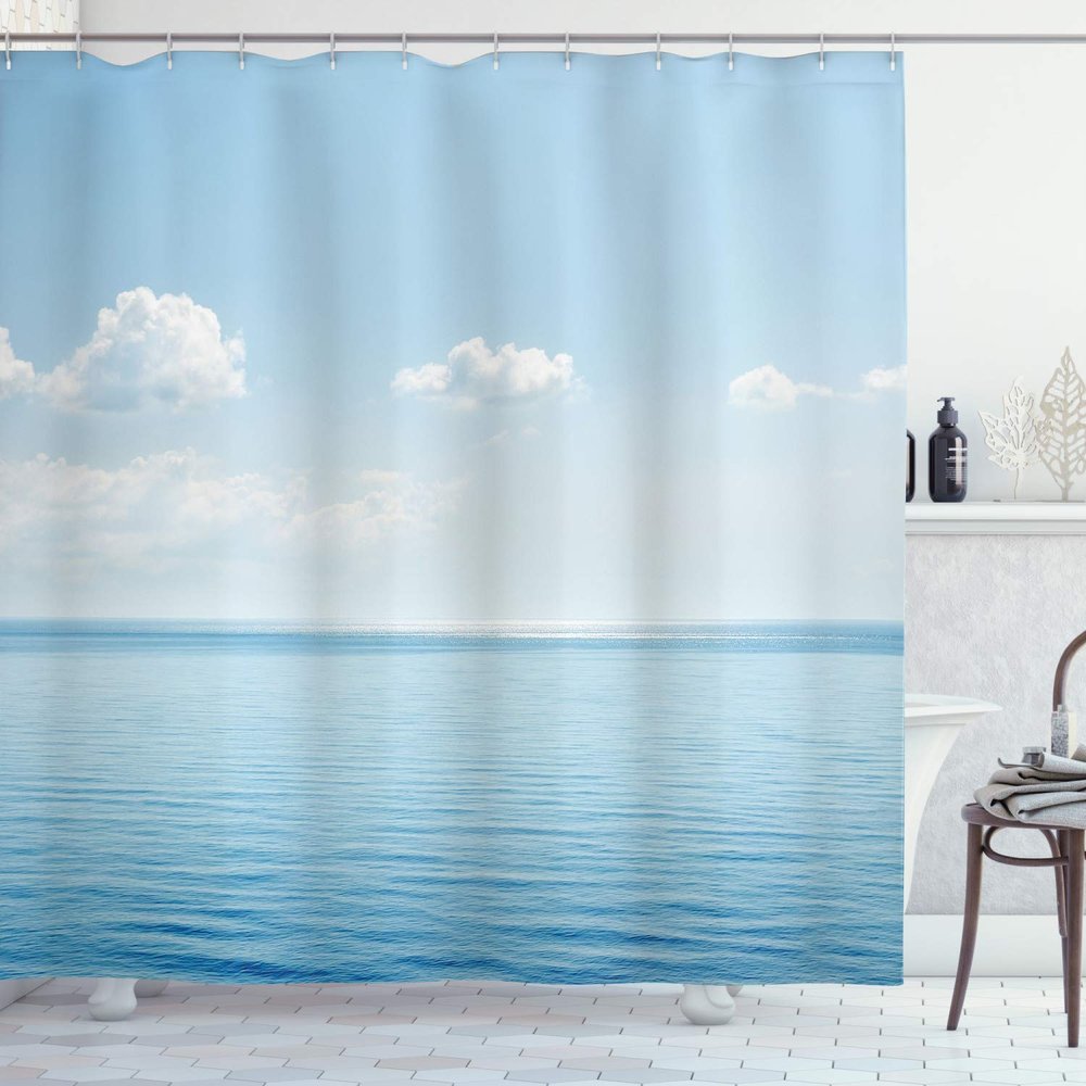 Ambesonne Ocean Shower Curtain, Aquatic Seascape Sky Landscape Tropical Lands Relaxation Spot in The Coast, Cloth Fabric Bathroom Decor Set with Hooks, 69" W x 70" L, Blue White