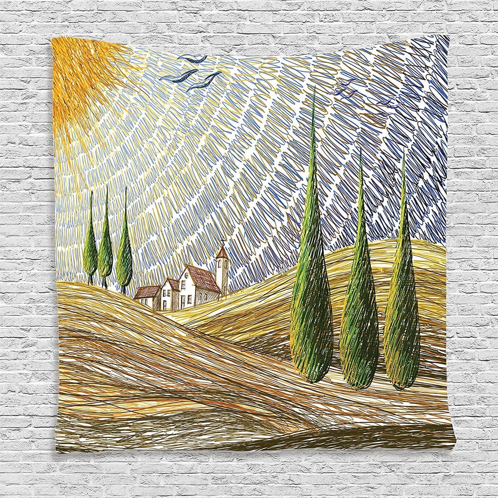 Ambesonne Italian Tapestry, Van Gogh Style Italy Valley Rural Fields European Scenery Painting Print, Wall Hanging for Bedroom Living Room Dorm Decor, 60" X 80", Tan Blue Green