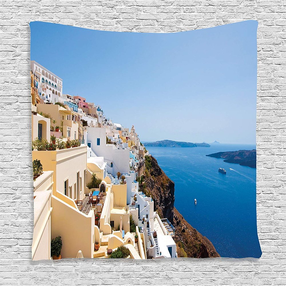 Ambesonne European Tapestry, Cityscape on The Edge of Cliff Greece Island Land with Mediterranean Culture Theme, Wall Hanging for Bedroom Living Room Dorm, 60" X 80", Ecru