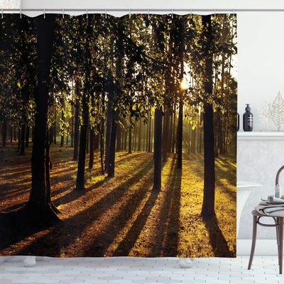 Ambesonne Forest Shower Curtain, Sunbeams Rays Through The Trees in Summertime Forest Countryside View Art Print, Cloth Fabric Bathroom Decor Set with Hooks, 69" W x 75" L, Orange Brown