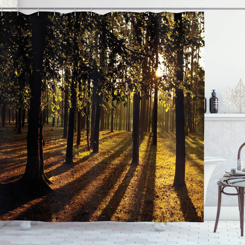 Ambesonne Forest Shower Curtain, Sunbeams Rays Through The Trees in Summertime Forest Countryside View Art Print, Cloth Fabric Bathroom Decor Set with Hooks, 69" W x 75" L, Orange Brown