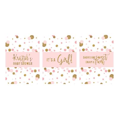 Andaz Press Blush Pink Gold Glitter Girl Baby Shower Party Collection, Personalized Chocolate Minis Labels, Fits Chocolate Miniatures Party Favors, 36-Pack, Custom Name