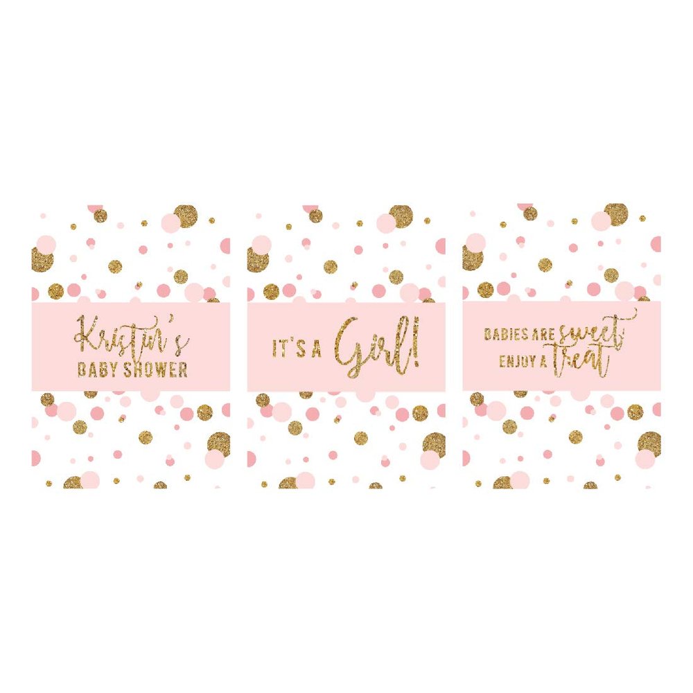 Andaz Press Blush Pink Gold Glitter Girl Baby Shower Party Collection, Personalized Chocolate Minis Labels, Fits Chocolate Miniatures Party Favors, 36-Pack, Custom Name