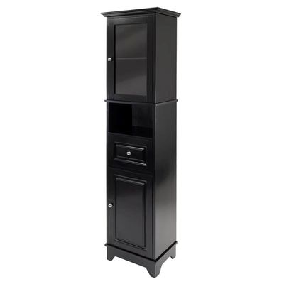 Pemberly Row Adjustable Shelf Modern Solid Wood Tall Linen Cabinet in Black