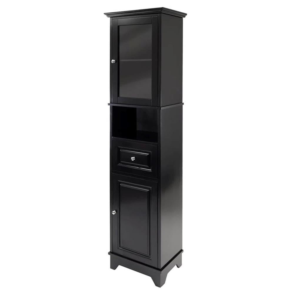 Pemberly Row Adjustable Shelf Modern Solid Wood Tall Linen Cabinet in Black