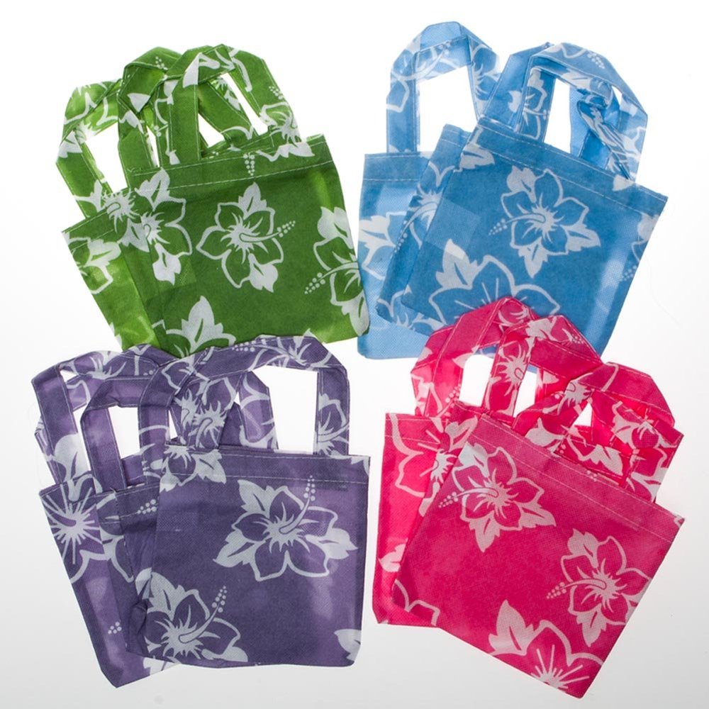 Mini Hibiscus Tote Bags - Luau and Tropical Party Favor Supplies - 12 Pieces