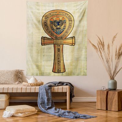 Ambesonne Egyptian Print Tapestry, Papyrus Presenting the Key of Life Traditional Empire Egyptian, Wall Hanging for Bedroom Living Room Dorm Decor, 40" X 60", Cream Orange