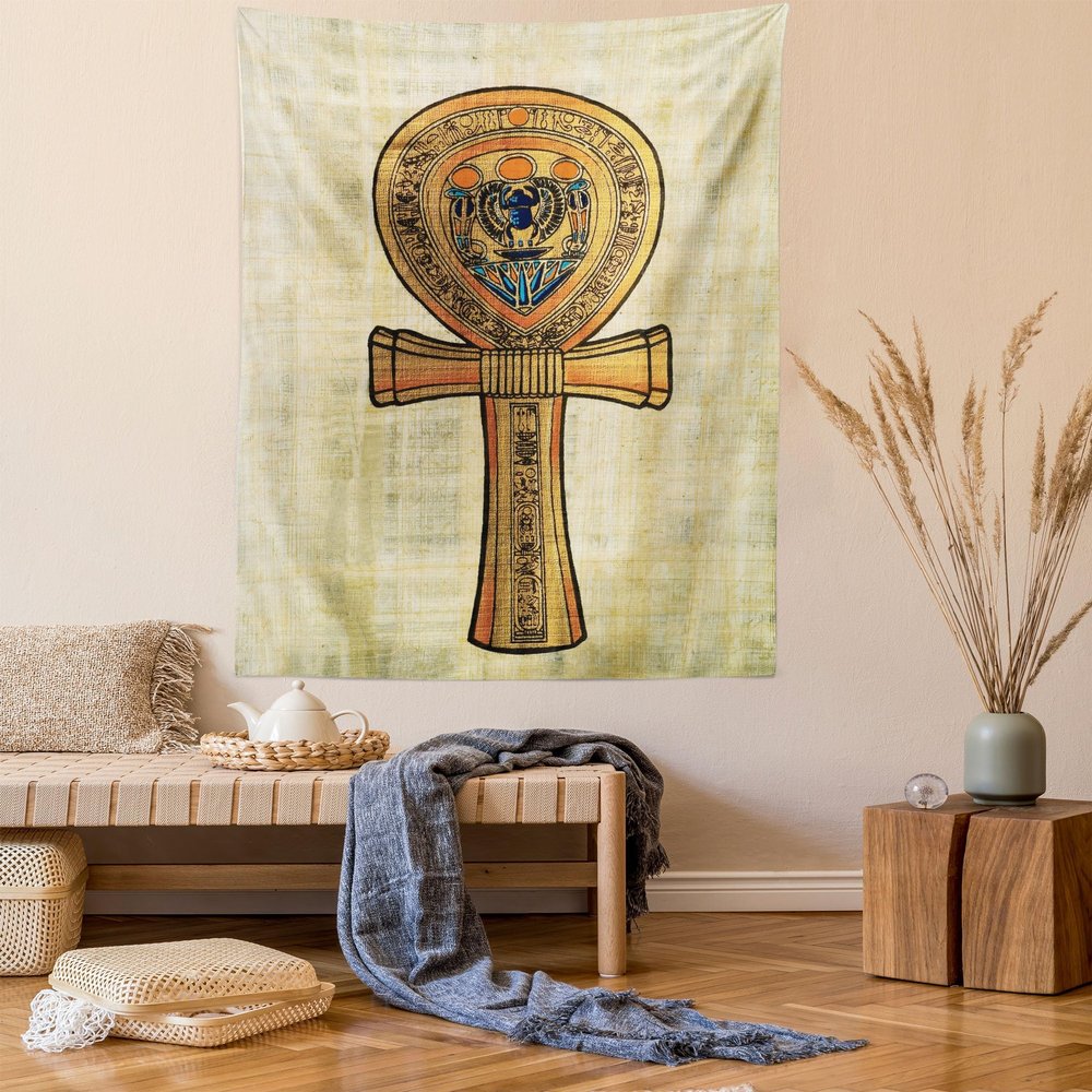 Ambesonne Egyptian Print Tapestry, Papyrus Presenting the Key of Life Traditional Empire Egyptian, Wall Hanging for Bedroom Living Room Dorm Decor, 40" X 60", Cream Orange