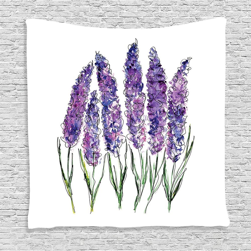 Ambesonne Watercolor Flower Tapestry, Illustration of Lavender Flowers Fresh Colors Mint Family Plant, Wall Hanging for Bedroom Living Room Dorm, 60" X 80", Violet White