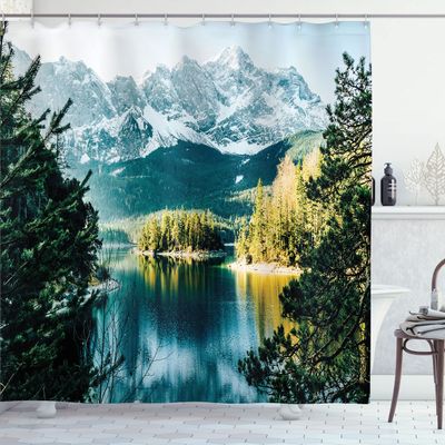 Ambesonne Landscape Shower Curtain, Mountain Lake in Northern Germany Frozen Peaks Water Winter Season Life, Cloth Fabric Bathroom Decor Set with Hooks, 69" W x 70" L, Green White