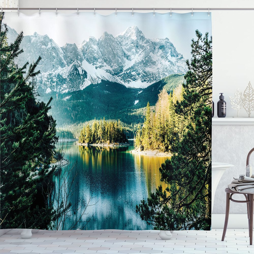 Ambesonne Landscape Shower Curtain, Mountain Lake in Northern Germany Frozen Peaks Water Winter Season Life, Cloth Fabric Bathroom Decor Set with Hooks, 69" W x 70" L, Green White
