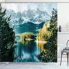 Ambesonne Landscape Shower Curtain, Mountain Lake in Northern Germany Frozen Peaks Water Winter Season Life, Cloth Fabric Bathroom Decor Set with Hooks, 69" W x 70" L, Green White view 1