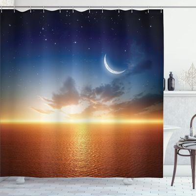 Ambesonne Ocean Shower Curtain, Sunset Sky with Moon and Stars Horizon Scenery Fantasy View Art Print, Cloth Fabric Bathroom Decor Set with Hooks, 69" W x 70" L, Navy Yellow Orange