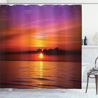 Ambesonne Ocean Shower Curtain, Romantic Sunset on The Beach Sun Rays Reflection on The Sea Colorful Sky Picture, Cloth Fabric Bathroom Decor Set with Hooks, 69" W x 84" L, Orange Purple