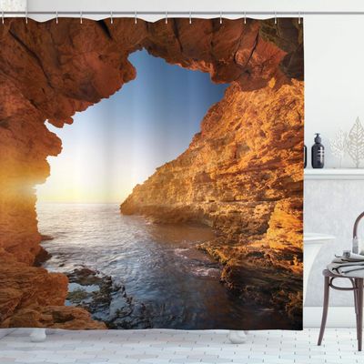 Ambesonne Beach Shower Curtain, Sunset in Pacific Paradise Ocean Cave with Morning Horizon Stone Calm Seacoast Art, Cloth Fabric Bathroom Decor Set with Hooks, 69" W x 84" L, Cream Blue