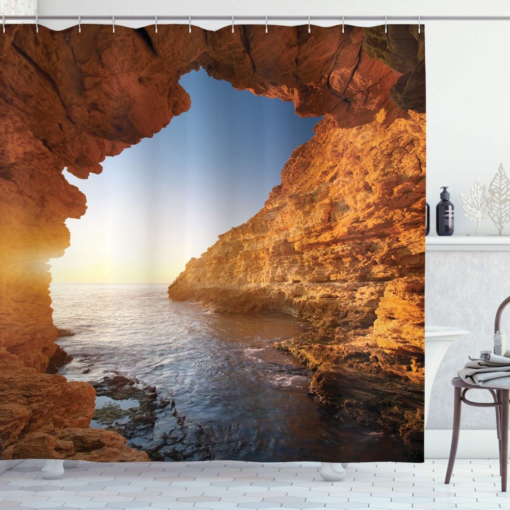 Ambesonne Beach Shower Curtain, Sunset in Pacific Paradise Ocean Cave with Morning Horizon Stone Calm Seacoast Art, Cloth Fabric Bathroom Decor Set with Hooks, 69" W x 84" L, Cream Blue