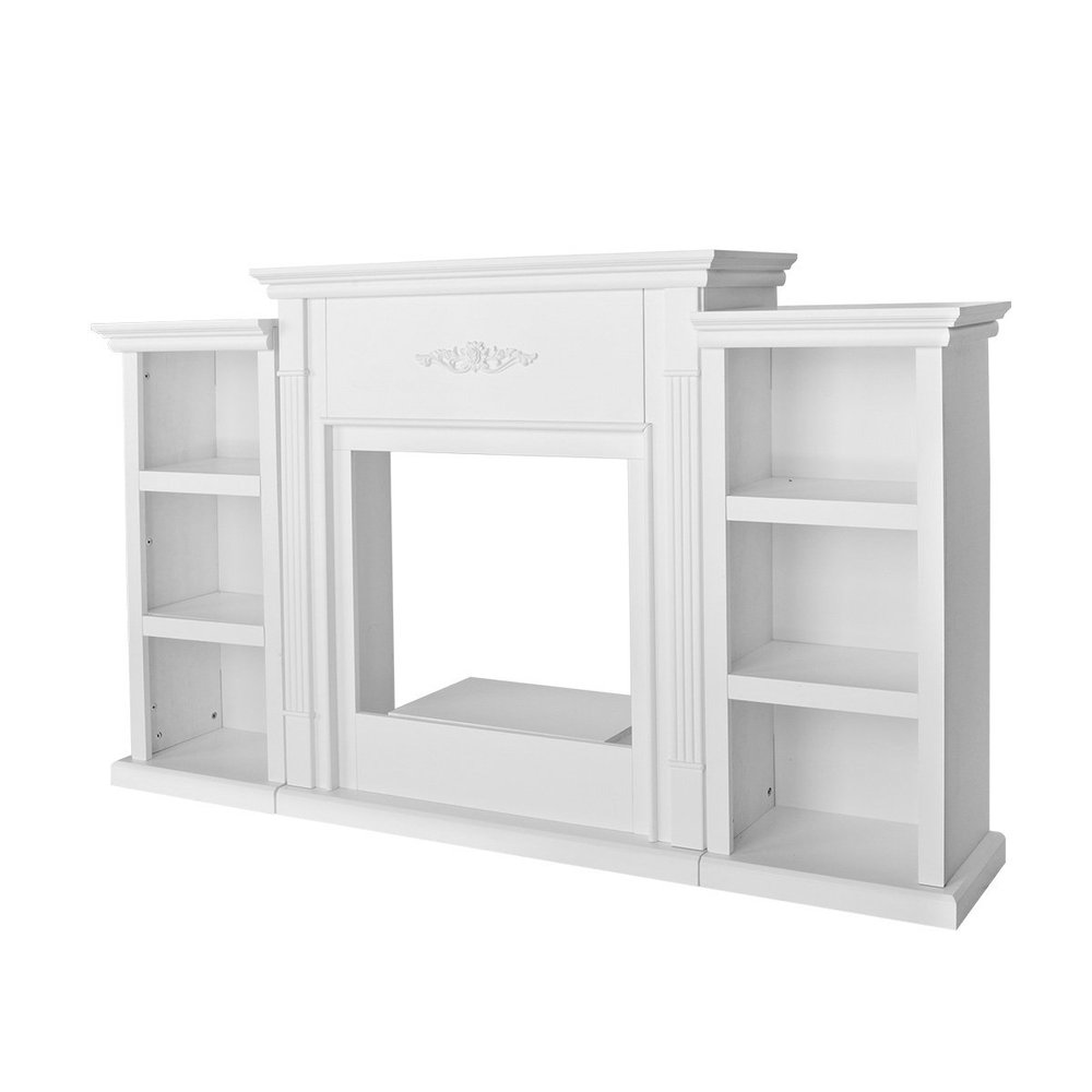 Barton 70" Media TV Stand for Portable Fireplace Bookcases Large Mantel Freestanding with 6 Book Shelfs (White-Stand only) Ivory White