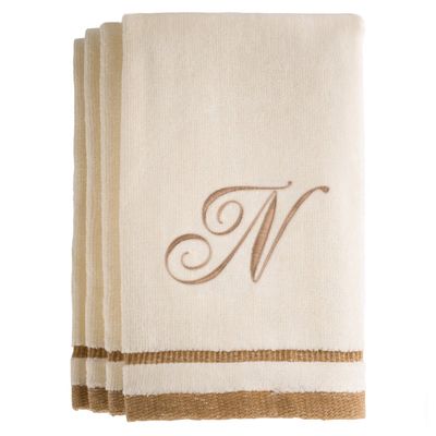 Monogrammed Gifts, Fingertip Towels, 11 x 18 Inches - Set of 4- Decorative Golden Brown Embroidered Towel - Extra Absorbent 100% Cotton- Personalized Gift- For Bathroom/ Kitchen- Initial N (Ivory)