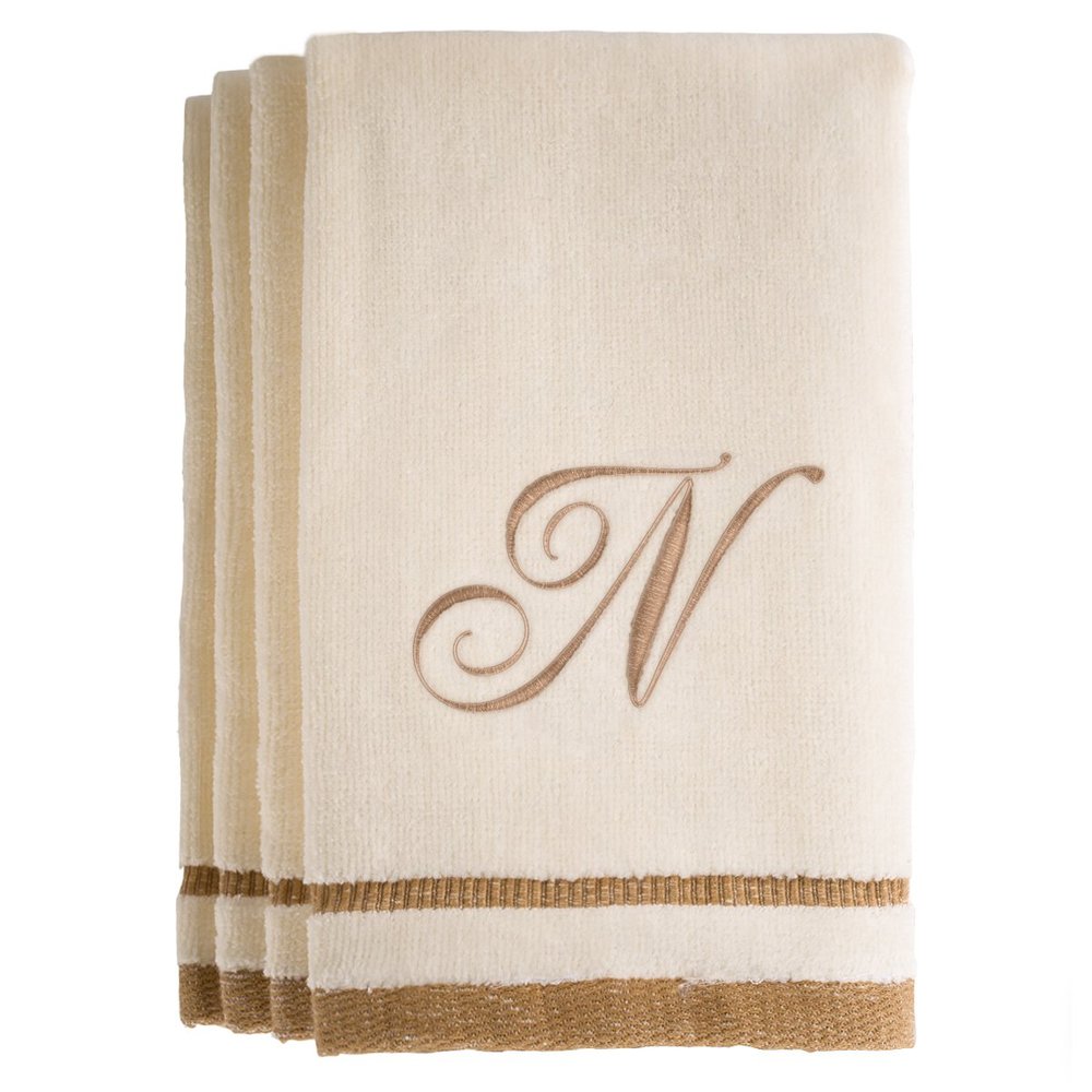 Monogrammed Gifts, Fingertip Towels, 11 x 18 Inches - Set of 4- Decorative Golden Brown Embroidered Towel - Extra Absorbent 100% Cotton- Personalized Gift- For Bathroom/ Kitchen- Initial N (Ivory)