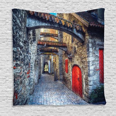 Ambesonne Medieval Tapestry, Old Stone Street Passage Estonia Middle Ages Town Heritage Photo Art, Wall Hanging for Bedroom Living Room Dorm Decor, 60" X 80", Grey Red Brown