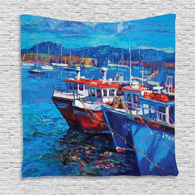 Ambesonne Country Tapestry, Sail Boats Ships on The Shore Harbor by The Sea Small Rural Fishing Town Art, Wall Hanging for Bedroom Living Room Dorm Decor, 60" X 80", Cream Orange
