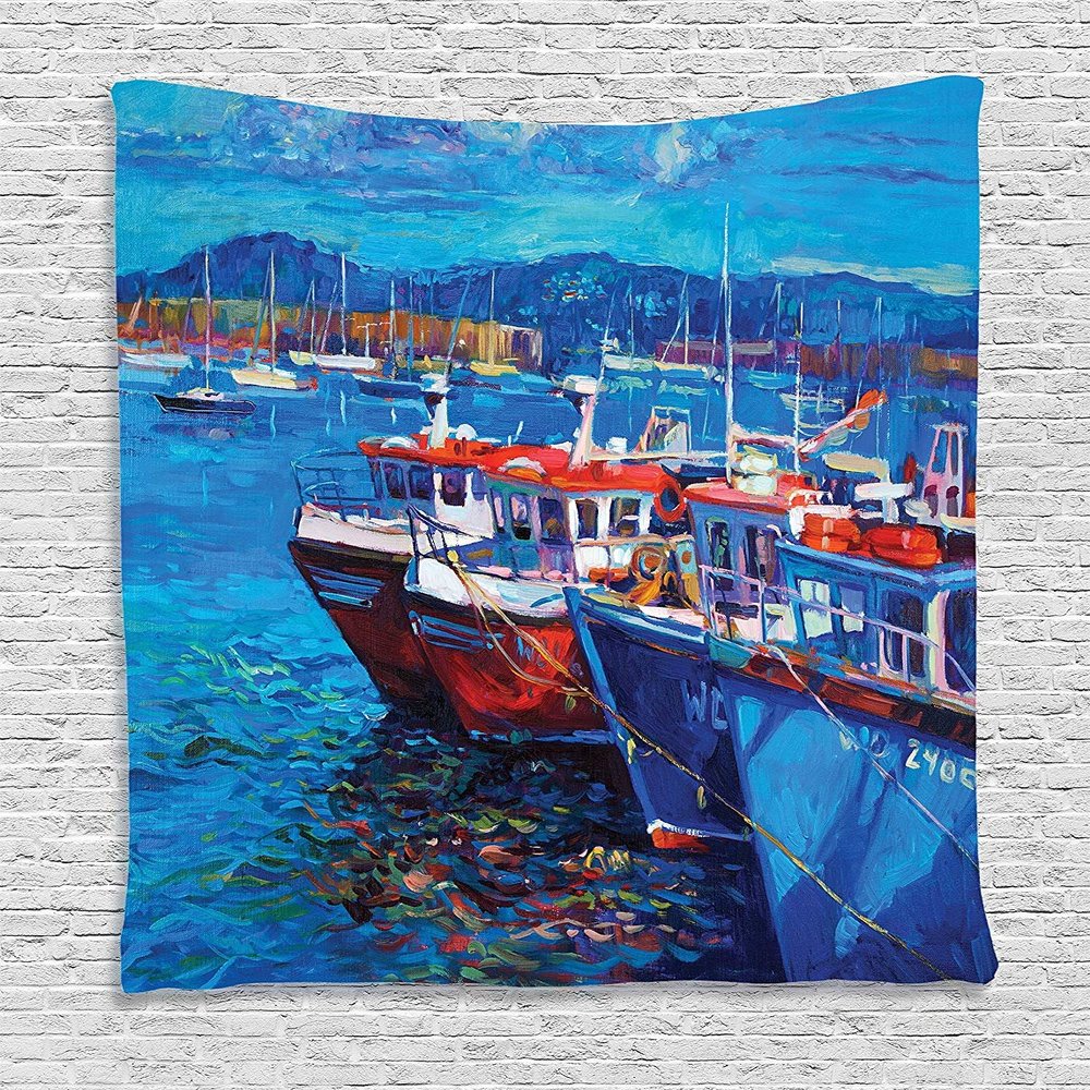 Ambesonne Country Tapestry, Sail Boats Ships on The Shore Harbor by The Sea Small Rural Fishing Town Art, Wall Hanging for Bedroom Living Room Dorm Decor, 60" X 80", Cream Orange