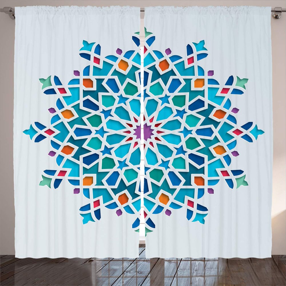 Ambesonne Orient Curtains, Illustration of Old Eastern Antique Oriental Damask Round Motif, Living Room Bedroom Window Drapes 2 Panel Set, 108" X 90", Multicolor Aqua