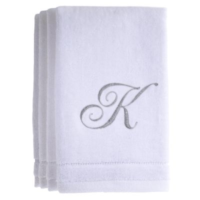 Monogrammed Towels Fingertip, Personalized Gift, 11 x 18 Inches - Set of 4- Silver Embroidered Towel - Extra Absorbent 100% Cotton- Soft Velour Finish - For Bathroom/ Kitchen/ Spa- Initial K (White)