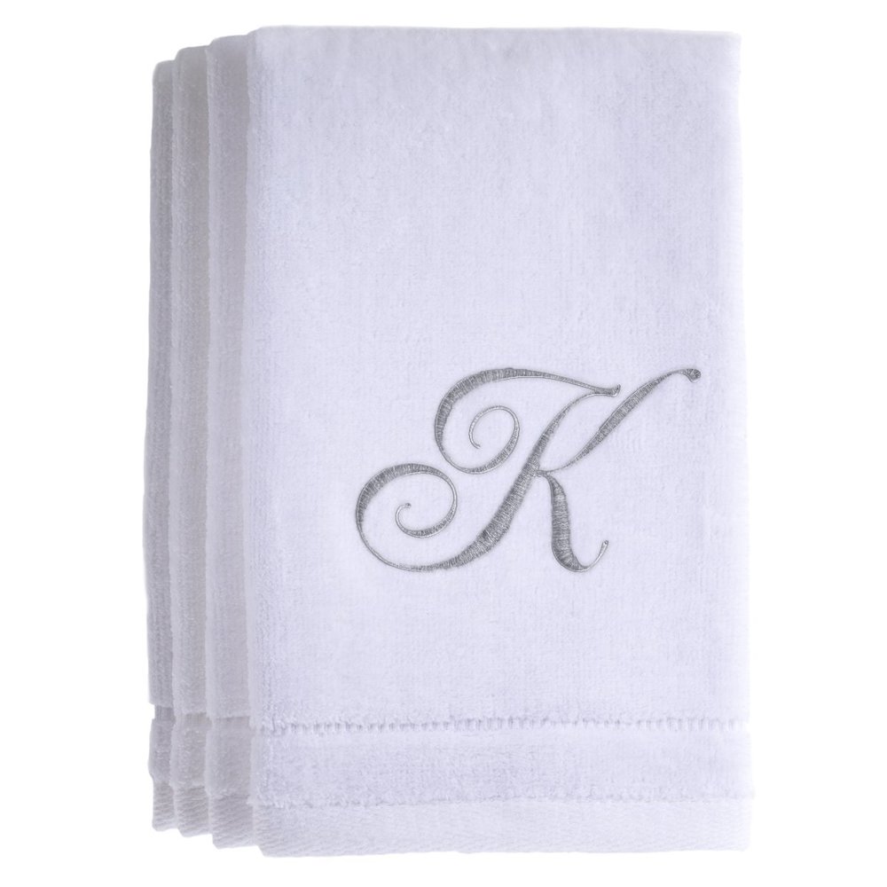 Monogrammed Towels Fingertip, Personalized Gift, 11 x 18 Inches - Set of 4- Silver Embroidered Towel - Extra Absorbent 100% Cotton- Soft Velour Finish - For Bathroom/ Kitchen/ Spa- Initial K (White)